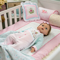 Realistic baby doll peacefully resting on a cozy nursery bed for a heartwarming decorative scene