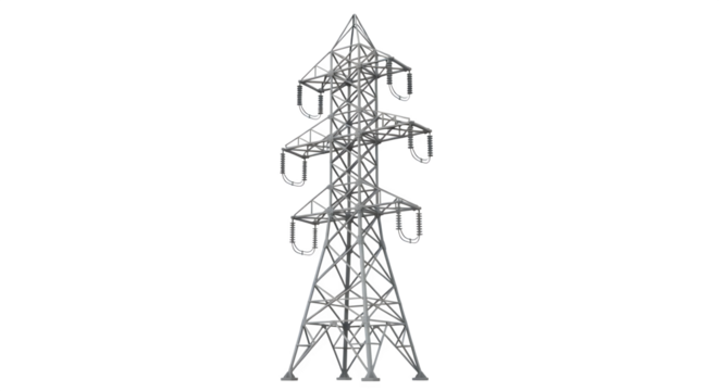 High-voltage electricity pylon, isolated on transparent background