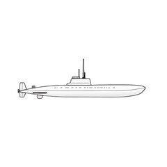 White outline drawing of a modern submarine isolated on transparent background