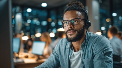 Obraz premium Focused man with headset works at the computer in the office. Depicting customer service, IT support, or late-night work.