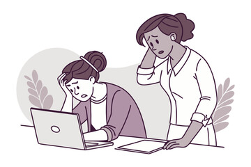 Two women coworkers experiencing stress and frustration while working on a laptop together at their office desk