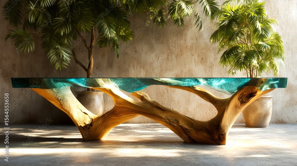 Poster a table made of wood and glass with a tree branch design. the table is placed in front of a wall wit