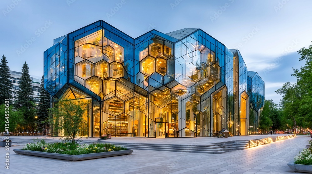 Poster a large building with many windows and a hexagonal shape. the building is lit up and he is a museum 