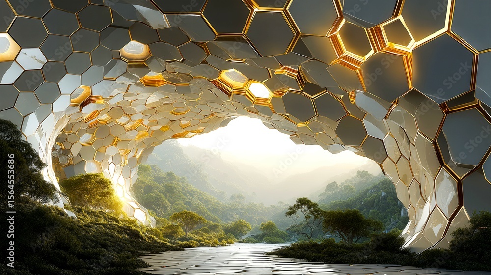 Poster a large, open space with a forest in the background. the space is filled with hexagonal shapes and g