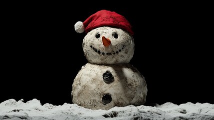 A snowman with a red hat and coal buttons standing in snow against a black background in studio light