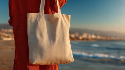 Woman wearing a red shirt and carrying a blank tote bag at the beach. Showcase eco-friendly brands with natural tones and an ocean background.