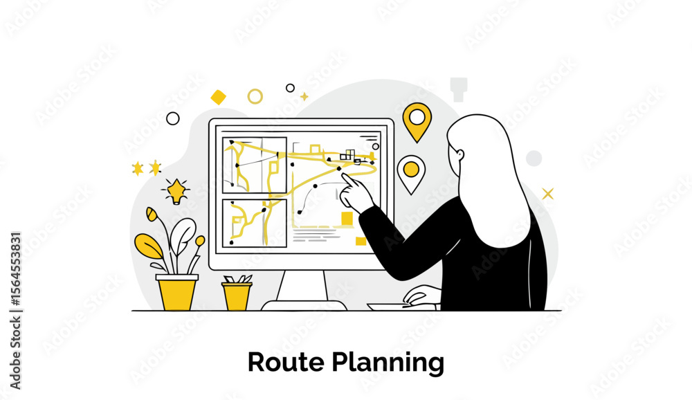 Poster female professional in business attire using a computer, analyzing route planning software in an off