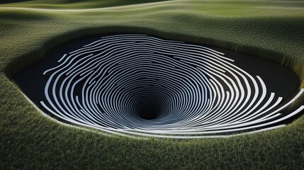 A surreal landscape with a swirling vortex pattern in a grassy depression creating an optical illusion