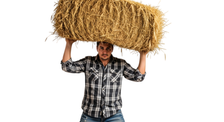 Farmer Balancing Hay Bale, isolated on transparent background