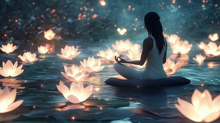 Serene woman meditates amidst glowing water lilies.