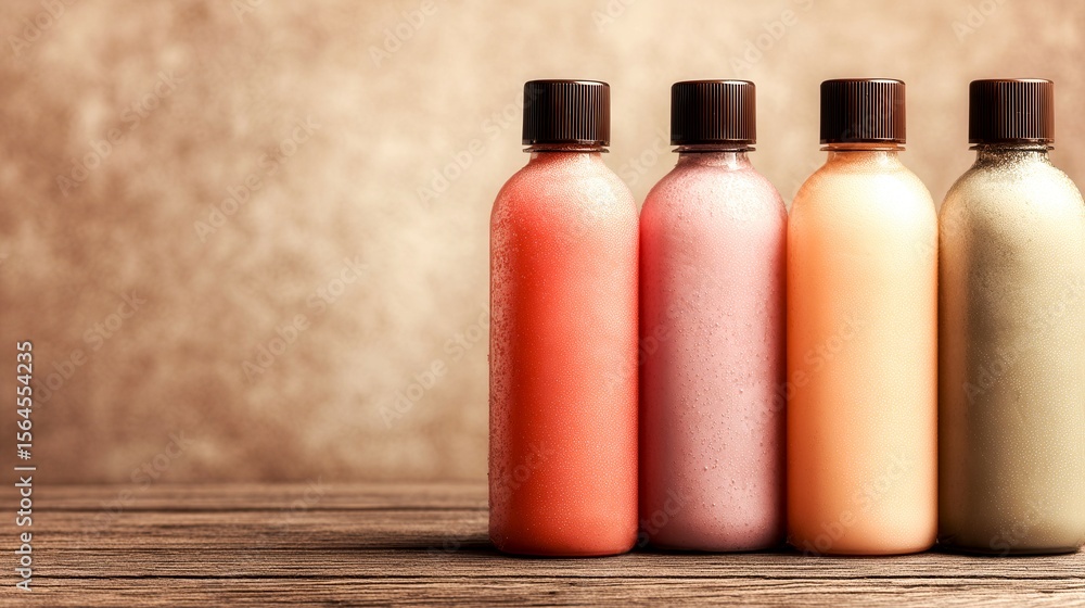 Poster four bottles of different colored lotions are lined up on a wooden table. the bottles are of differe