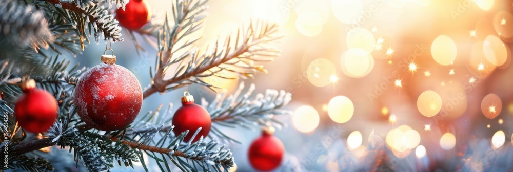 Poster christmas tree twigs with red balls and golden bokeh lights background copy space