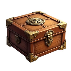 Ornate wooden treasure chest with brass fittings isolated on transparent background