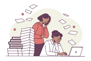 Overwhelmed office workers struggling with a massive workload and scattered documents feeling stressed and exhausted at their desks