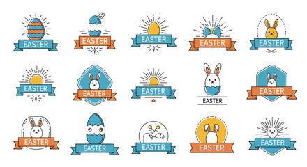 Collection of easter holiday badges with festive spring decorations for celebrations