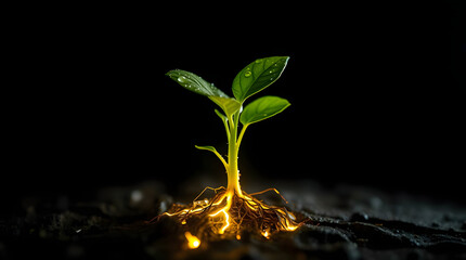 Seedling Growing Through Cracked Earth with Glowing Energy Roots – Symbol of Life, Power, and Renewal
