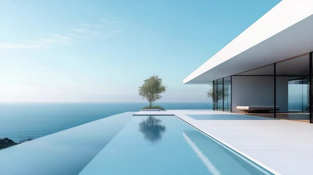 A modern house with infinity pool overlooking the ocean on a clear day with a tree nearby a
