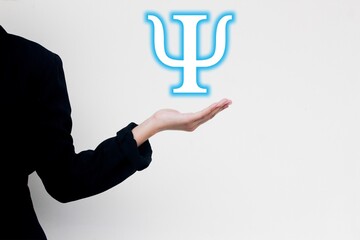 Psychology presentation with hand holding blue psi symbol, representing mental health, therapy, and...