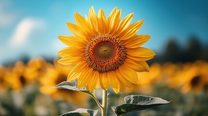 Fototapeta premium Radiant Sunflower Field Under Blue Skies Agricultural Splendor Landscape Dominated by Yellow Petals and Greenery
