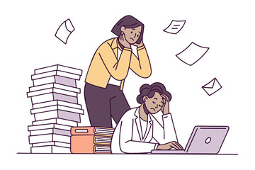 Two stressed women overwhelmed by work with stacks of papers books and a laptop symbolizing burnout and deadlines