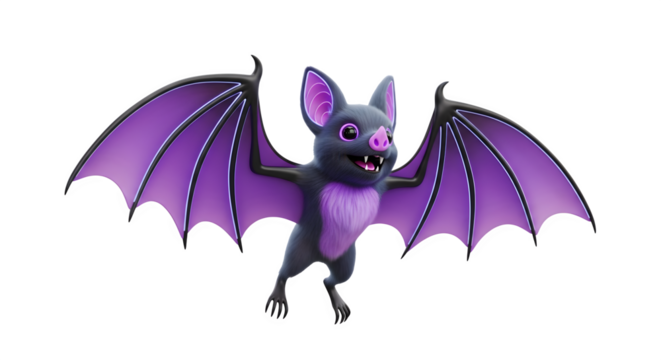 Cute purple bat flying, isolated on transparent background