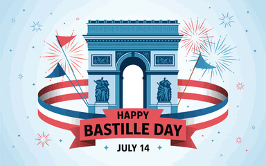 Happy Bastille Day with Arc de Triomphe, fireworks, and French flag ribbon celebrating France’s national day on July 14 in Paris