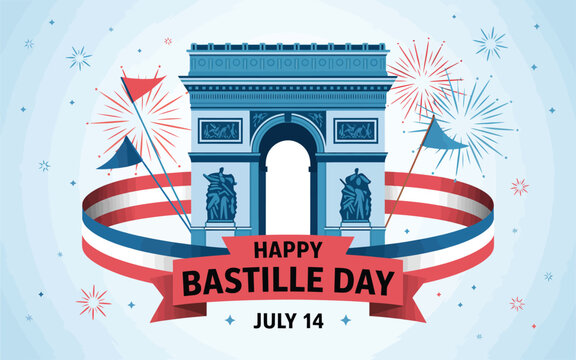 Happy Bastille Day with Arc de Triomphe, fireworks, and French flag ribbon celebrating France’s national day on July 14 in Paris