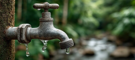 Water faucet with bokeh nature background. Generative AI technology.