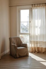 Fototapeta premium Bright Minimalist Room Interior with Sheer Curtains and Soft Natural Morning Light from White-Framed Window