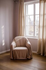 Fototapeta premium Bright Minimalist Room Interior with Sheer Curtains and Soft Natural Morning Light from White-Framed Window