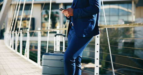 Outdoor, person and texting on smartphone, business trip or waiting for taxi on urban street or...