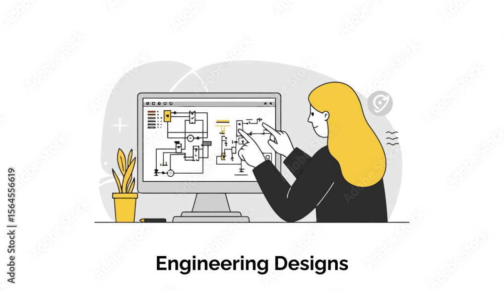 Aufkleber female engineer reviewing electronic circuit design on computer monitor. female engineer in business