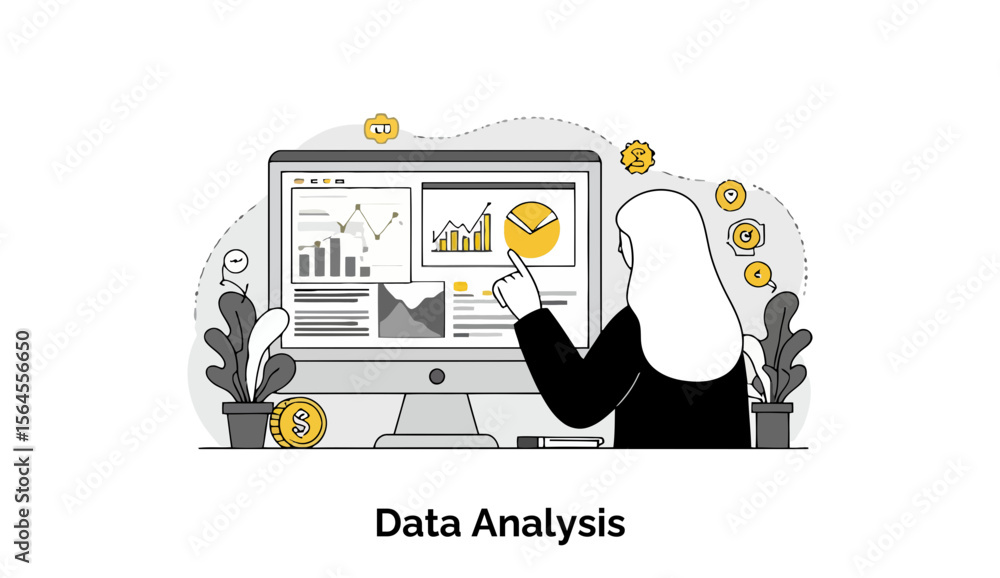Aufkleber female professional in hijab reviewing data analysis on computer monitor. woman examining financial 