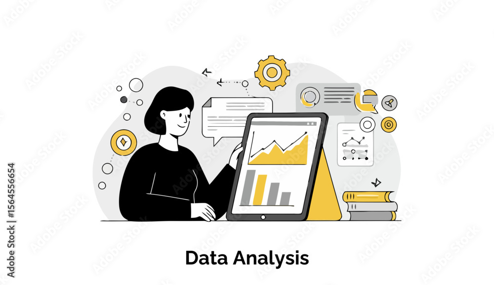Poster female professional analyzing data on a tablet in a modern office setting. focused on data analysis,