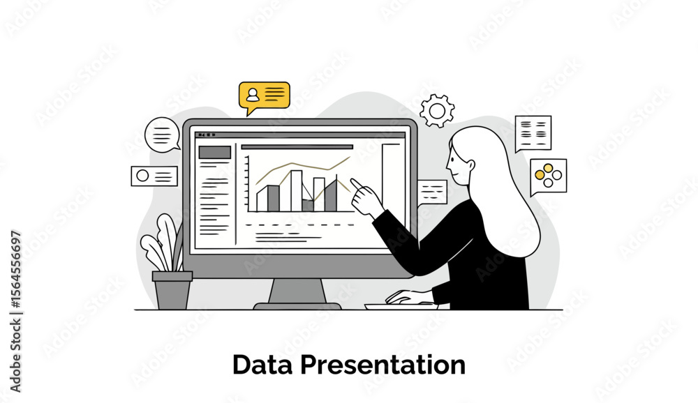 Aufkleber female professional in business attire pointing at data on a computer screen in a modern office sett