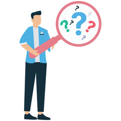 Businessman Using Magnifying Glass to Analyze Question Marks