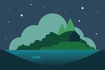 Serene Nighttime Island Landscape House, Trees, and Starry Sky