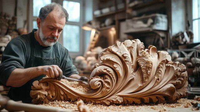 A man carving intricate floral design into wood with chisel in workshop environment focused and skilled a