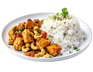 Delicious and authentic Chicken Korma with cashew nuts and rice on a white plate