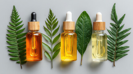 Three essential oil dropper bottles with tropical green leaves background for organic skincare spa therapy and beauty promotions