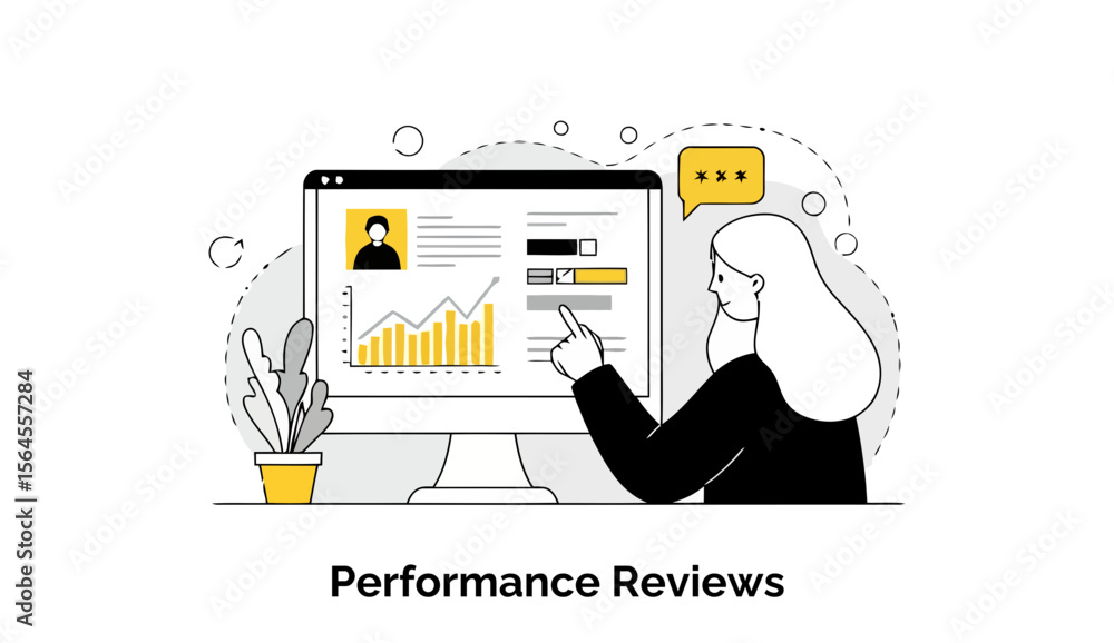Poster a female professional in business attire reviews performance data on a computer screen in an office 