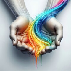 Two hands release vivid rainbow streams that swirl upward, symbolizing boundless creativity, diversity, freedom, spiritual flow, and expressive imagination. AI generated.
