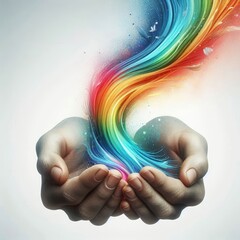 Two hands release vivid rainbow streams that swirl upward, symbolizing boundless creativity, diversity, freedom, spiritual flow, and expressive imagination. AI generated.
