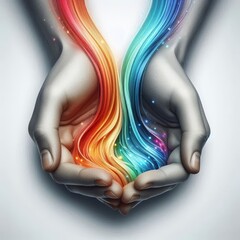 Two hands release vivid rainbow streams that swirl upward, symbolizing boundless creativity, diversity, freedom, spiritual flow, and expressive imagination. AI generated.
