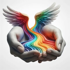 Two hands release vivid rainbow streams that swirl upward, symbolizing boundless creativity, diversity, freedom, spiritual flow, and expressive imagination. AI generated.
