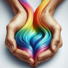Two hands release vivid rainbow streams that swirl upward, symbolizing boundless creativity, diversity, freedom, spiritual flow, and expressive imagination. AI generated.
