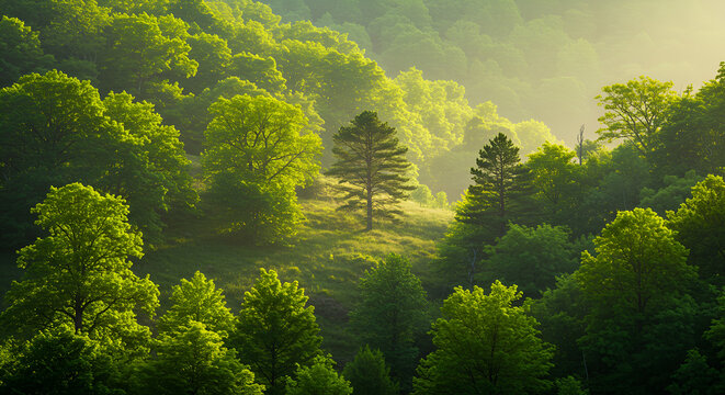 Lush forest hillside bathed in morning light