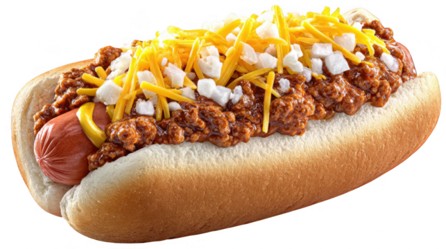 Illustration of hotdog with chili, cheese, and onions, isolated on transparent background