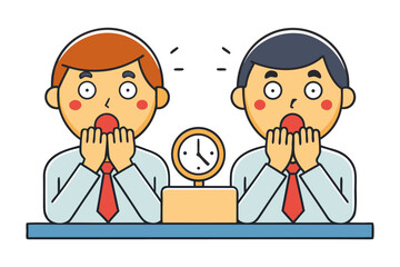 Two businessmen looking shocked and surprised at a clock on a desk conveying a sense of urgency or bad news
