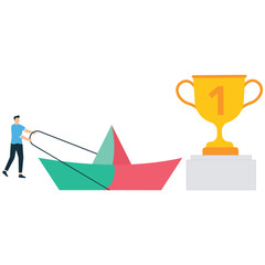 Businessman Pulling Origami Ship Toward Trophy